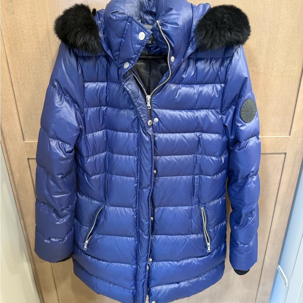 UGG Royal Blue womens Puffer Jacket with Black Faux Fur Hood